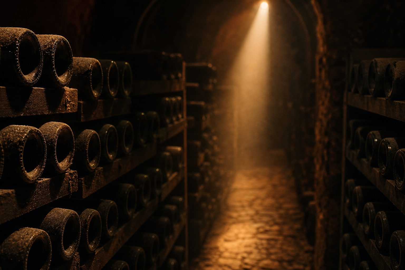 A dim cellar corridor lined with dusty bottles resting on their sides, one shaft of warm light