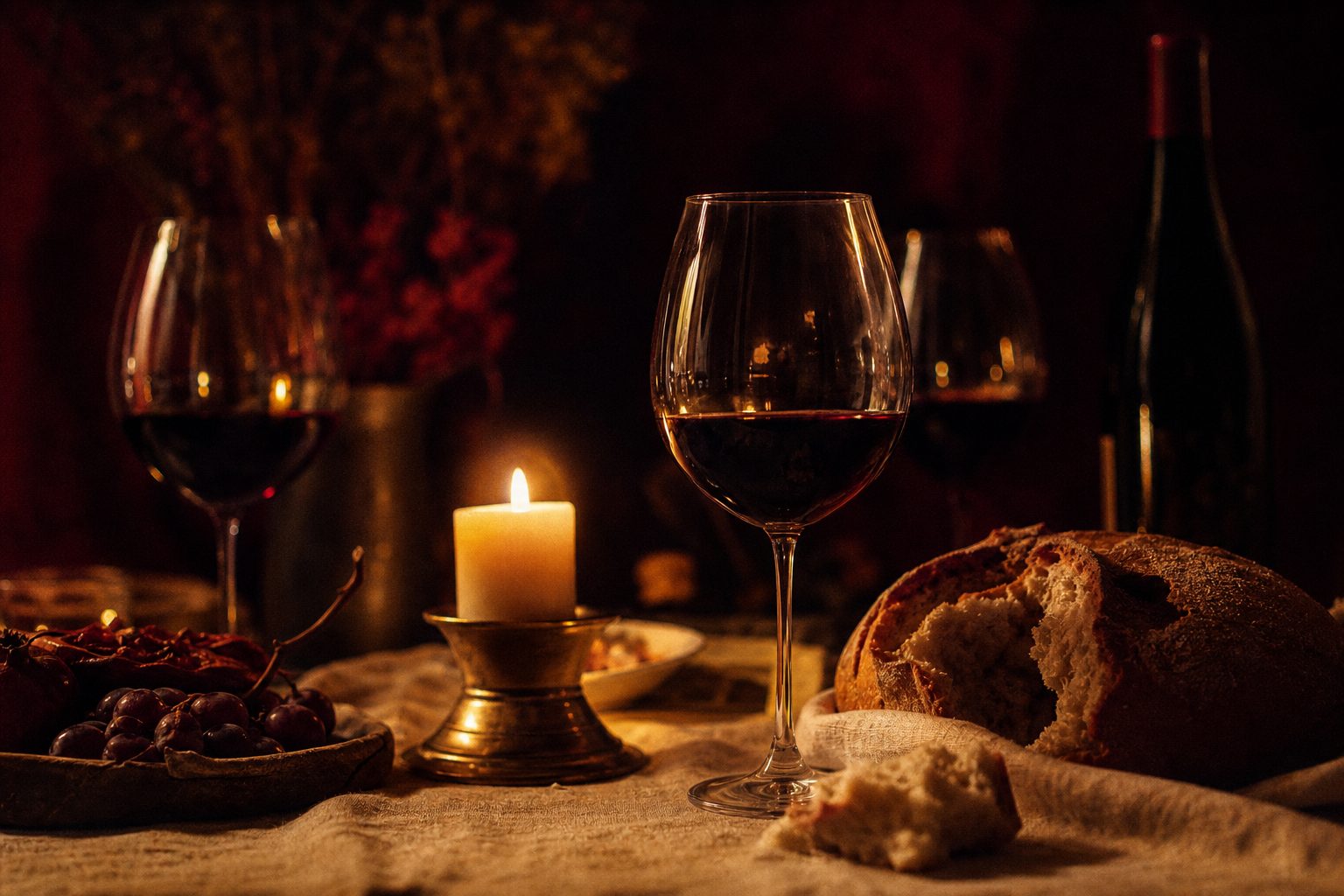 A candlelit table with glasses of red wine, a burning candle, bread and ivory linen