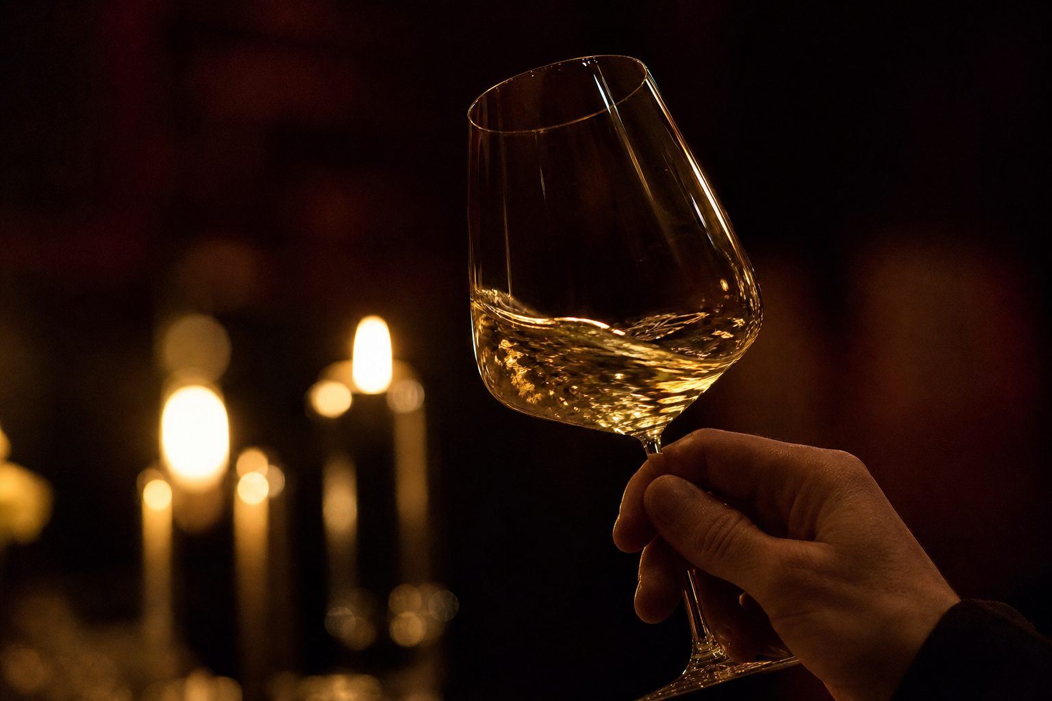 A hand holding a glass of pale golden wine up to candlelight, mid-swirl