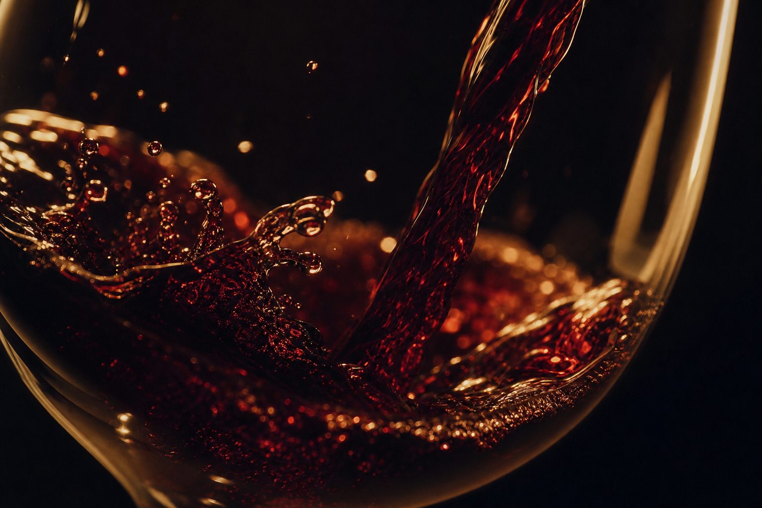 Red wine pouring into a glass in near-darkness, the stream lit warm gold against black