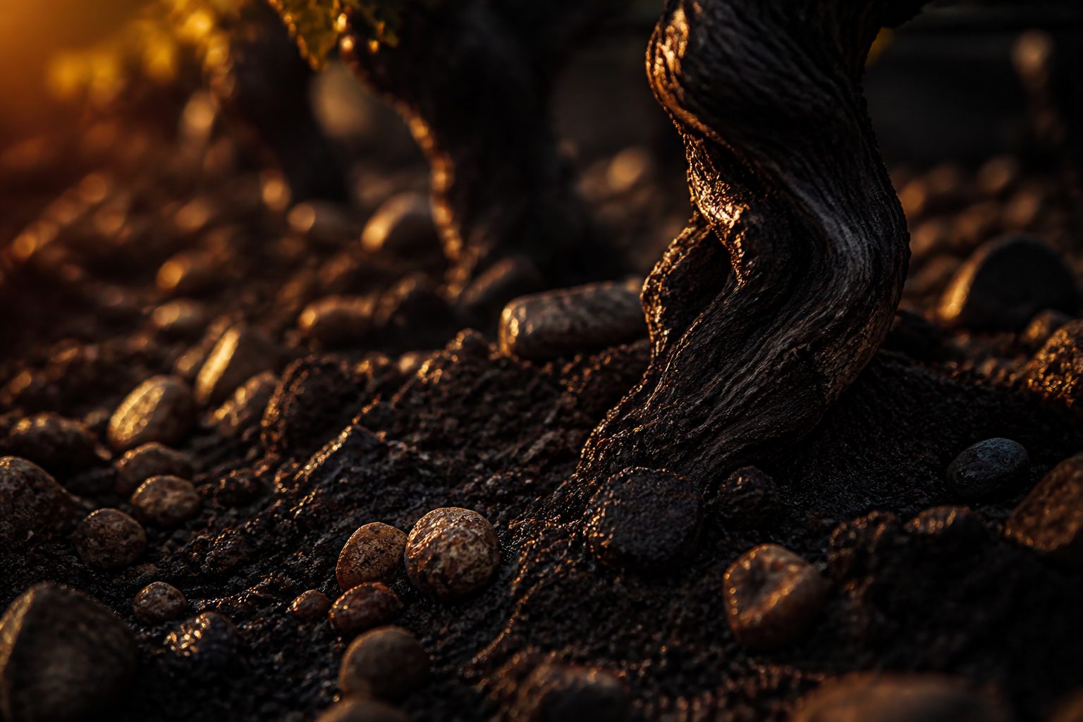 A gnarled old vine trunk rising from dark, pebbly soil in low golden light