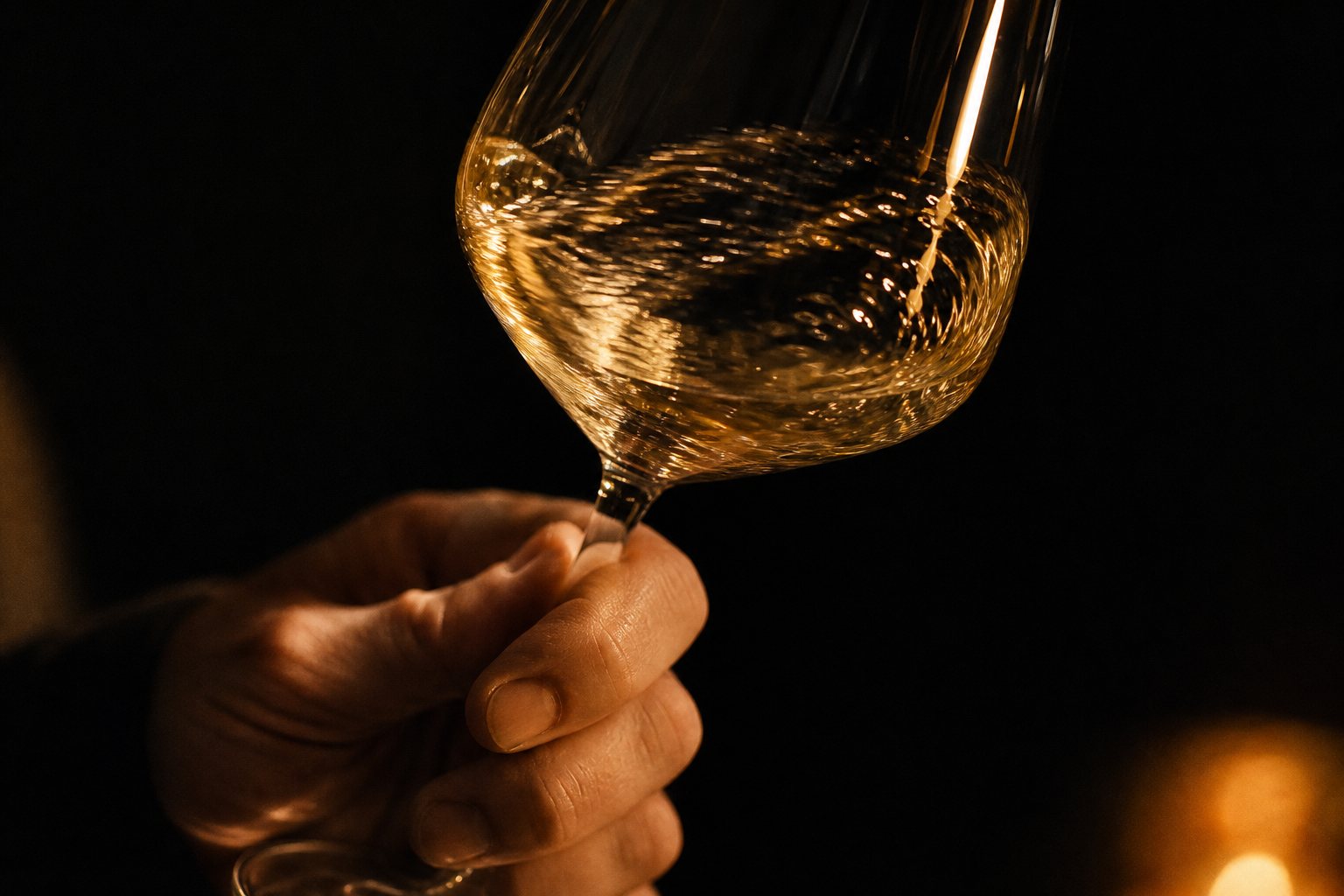 A hand swirling pale golden wine in candlelight