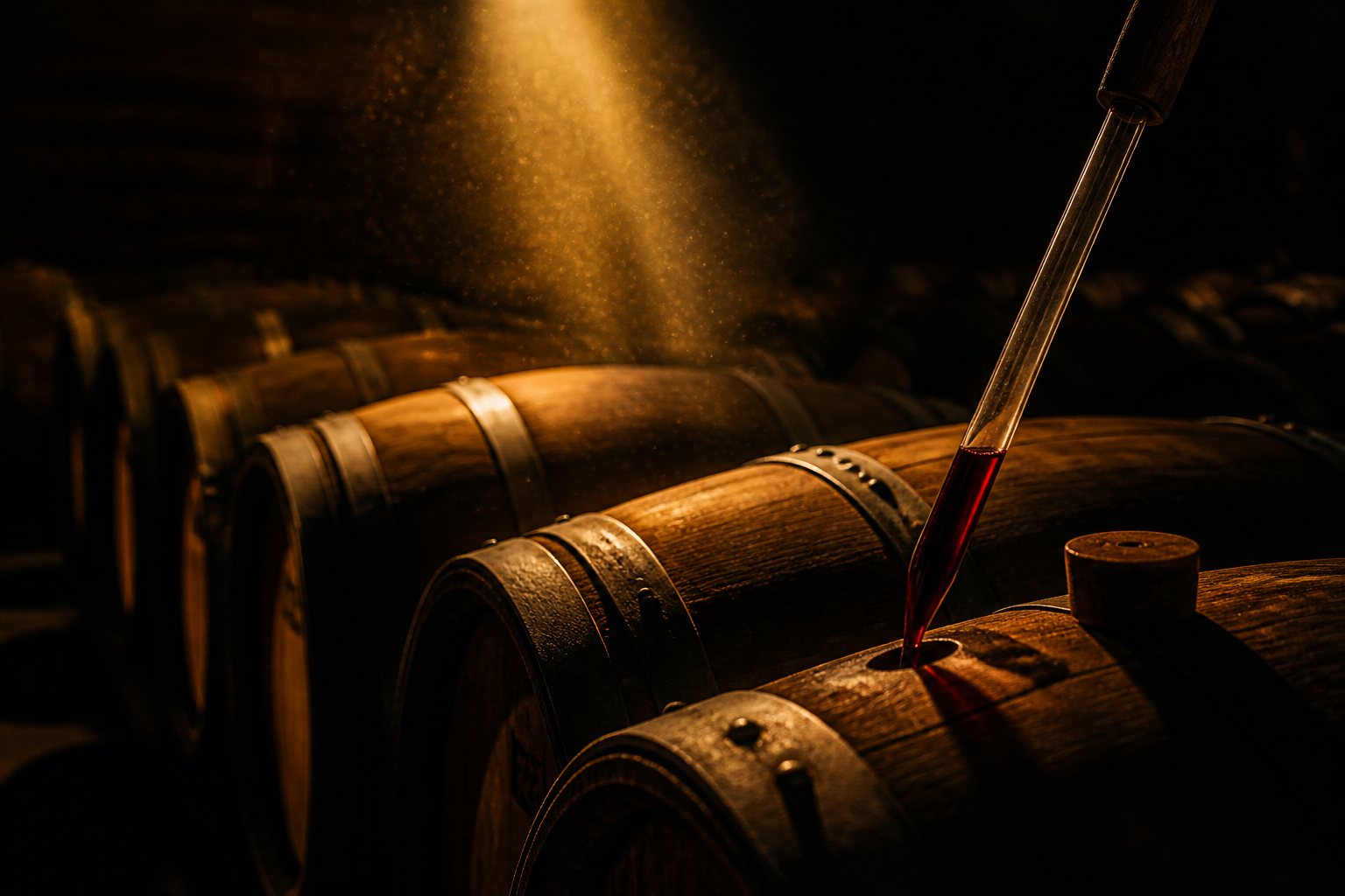 Oak barrels in a dark cellar, a wine thief drawing ruby wine