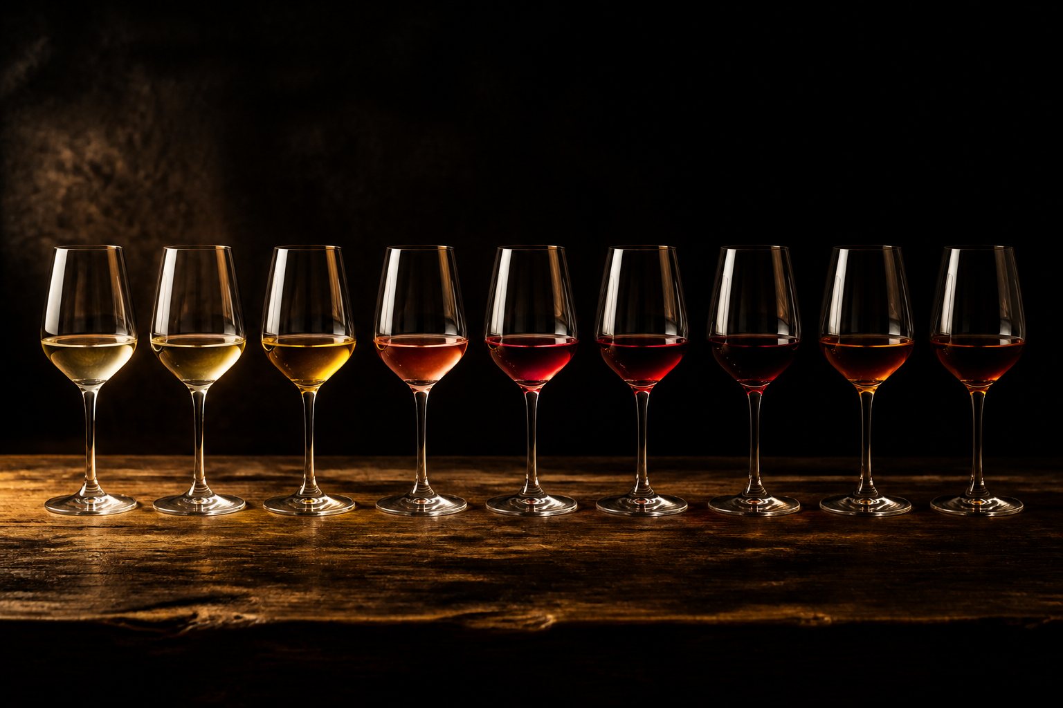 Nine glasses graded from pale straw to deep tawny on a dark table