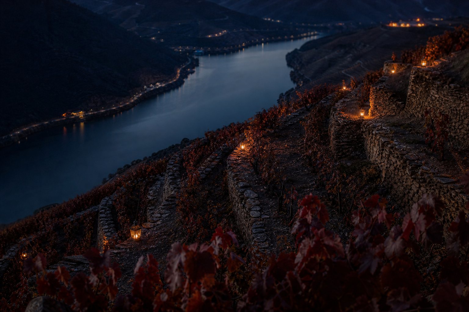 Terraced vineyards above a dark river at blue hour