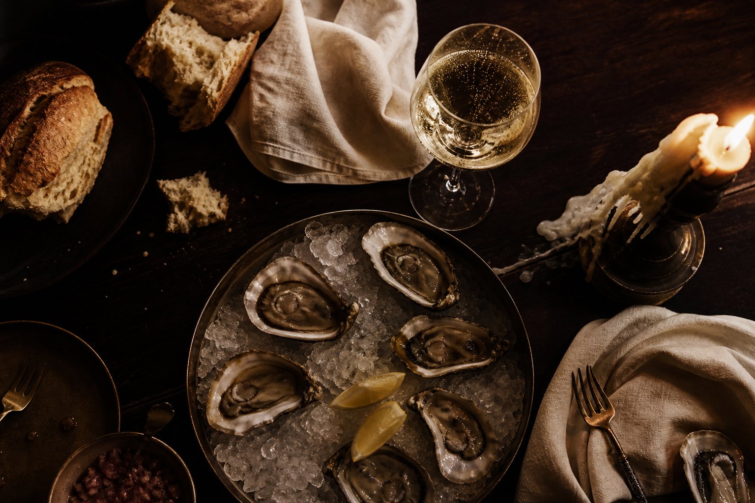 a candlelit table with oysters, sparkling wine and ivory linen, seen from above