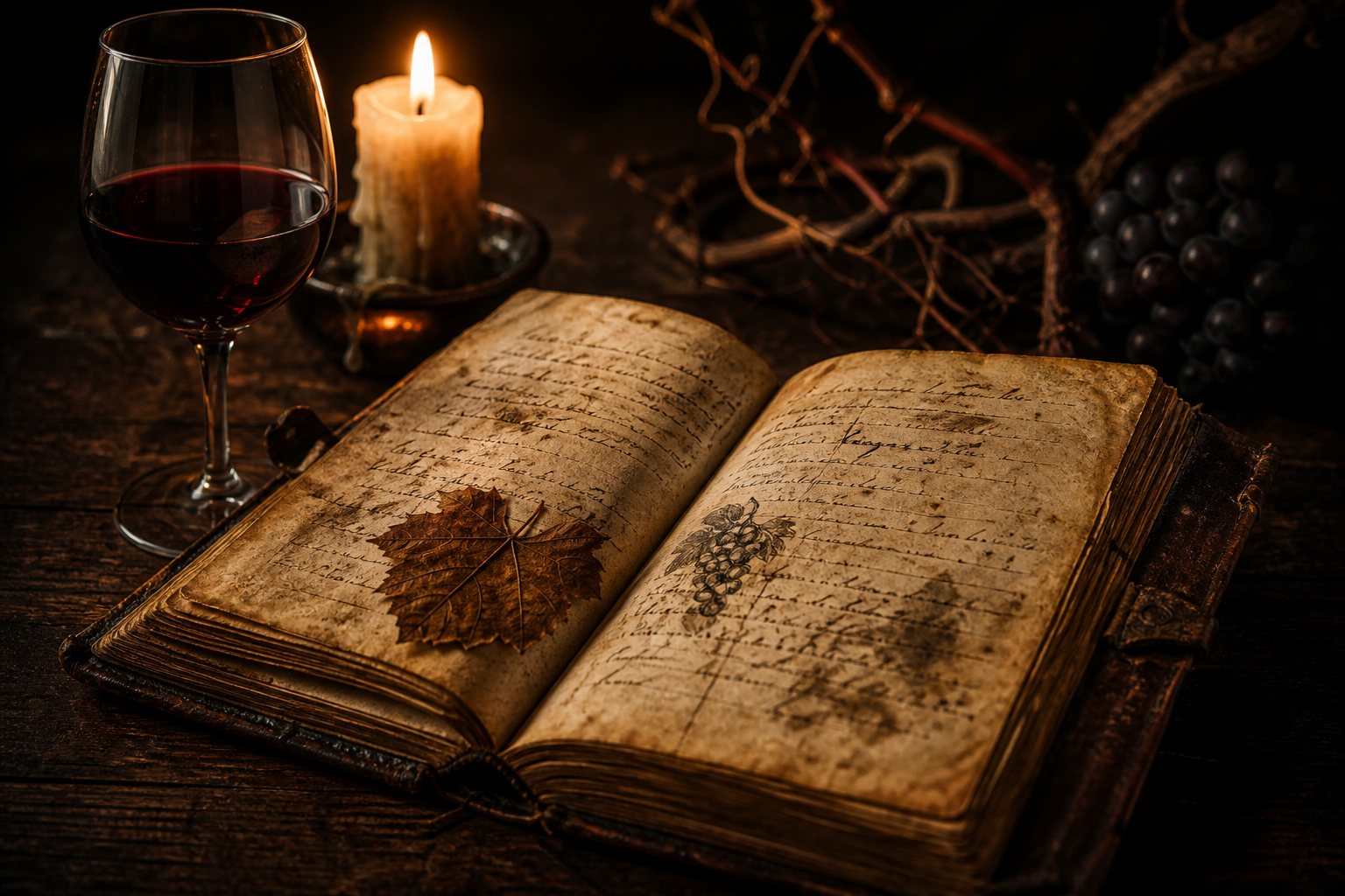 An open notebook beside a glass of red wine in candlelight