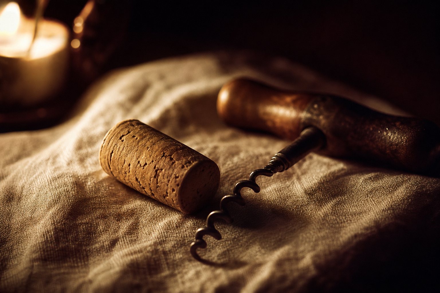 a cork and corkscrew on linen in candlelight
