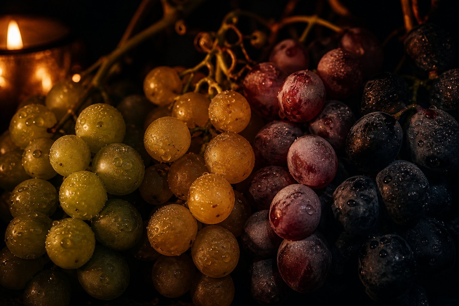 Grape clusters of different varieties side by side in low candlelight